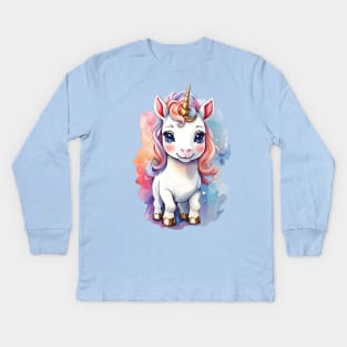 Whimsical Unicorn with Rainbow Mane and Gold Hooves Kids Long Sleeve T-Shirt
